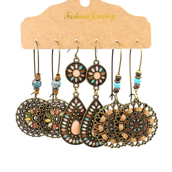 Earrings in Gold Boho Retro Style Hollow Dangle Earring Set of 3 - Picture 1 of 5